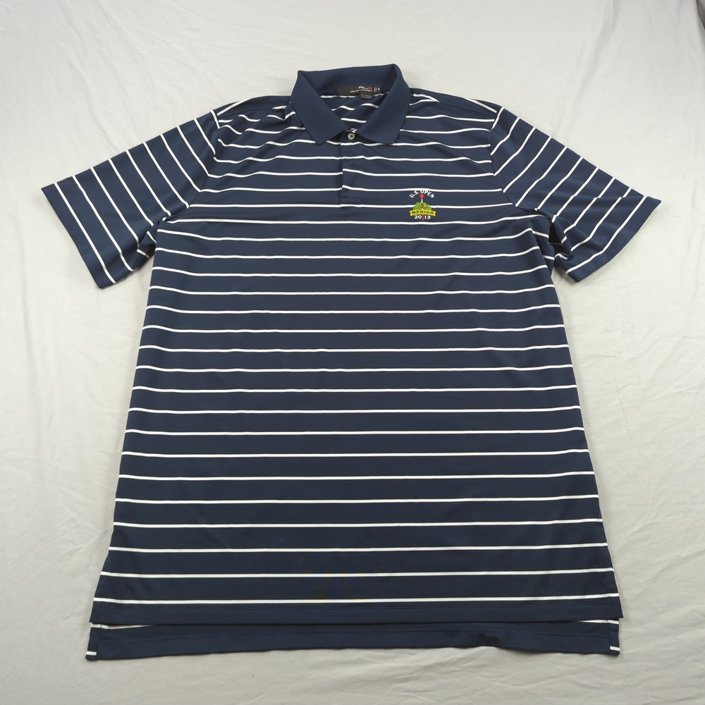 RLX Ralph Lauren Shirt Mens Extra Large Blue Striped US Open Merion 2013 Stretch